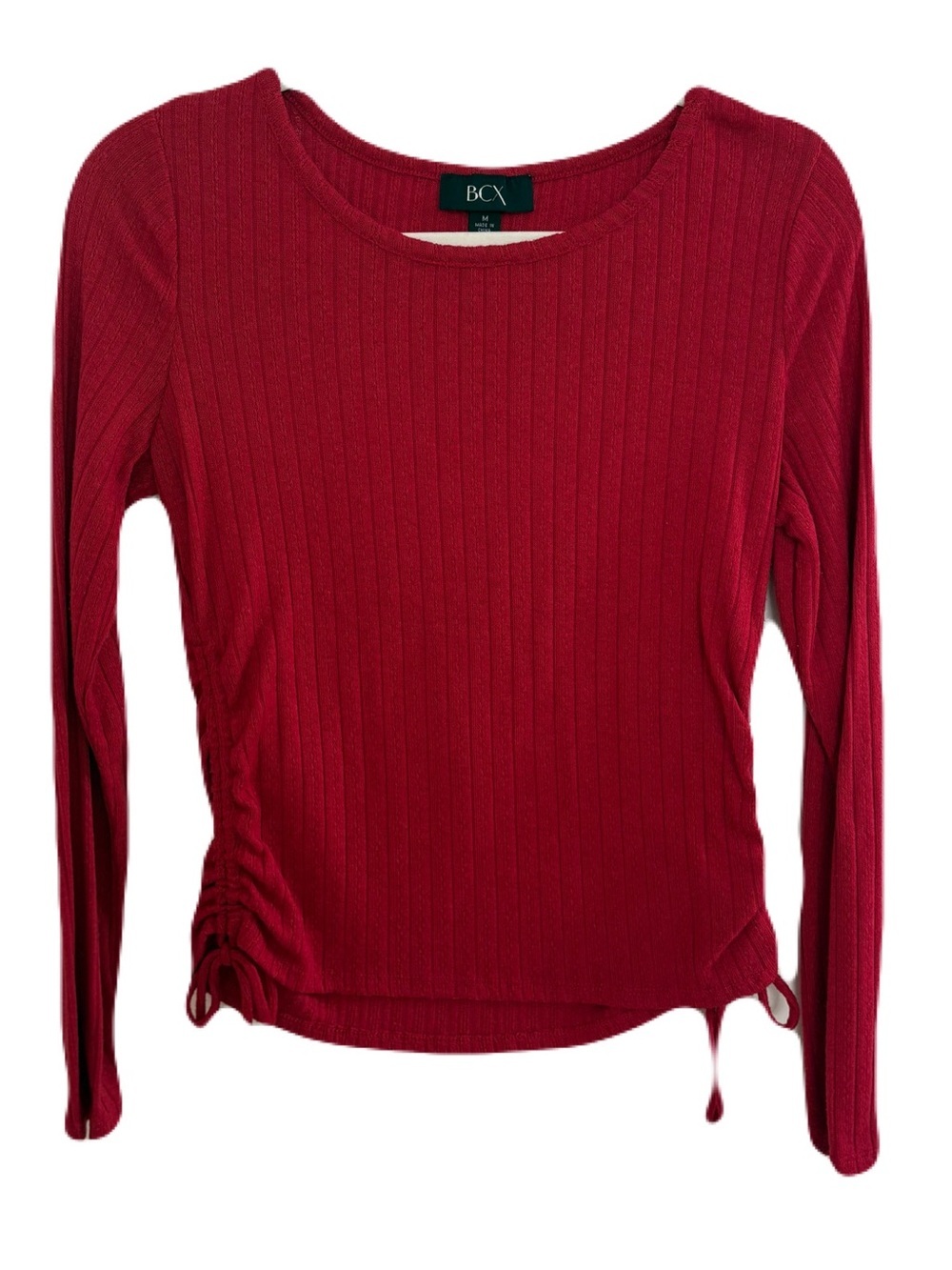 BCX Women's Deep Red Ribbed Long-Sleeve Top with Side Ruching - Picture 1 of 5